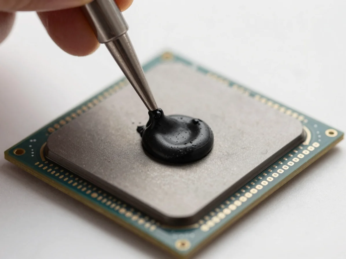 Macro shot of fresh thermal paste application on a computer processor chip surface under bright neutral bench lighting.