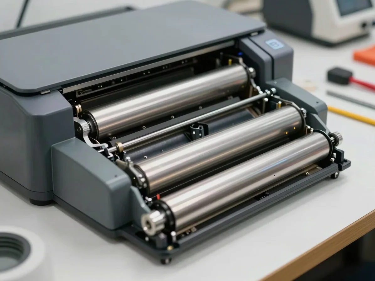 Clean workbench view of disassembled laser printer rollers and maintenance tools under clear task lighting.