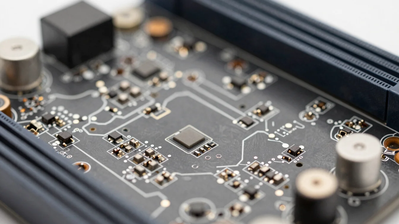 Macro close-up of a computer motherboard showing solder points and electronic components under neutral workbench lightin