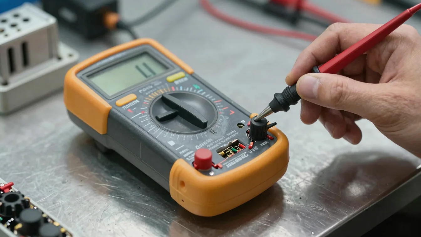 Precision multimeter testing electrical pathways on an open power supply unit on a metal workbench.