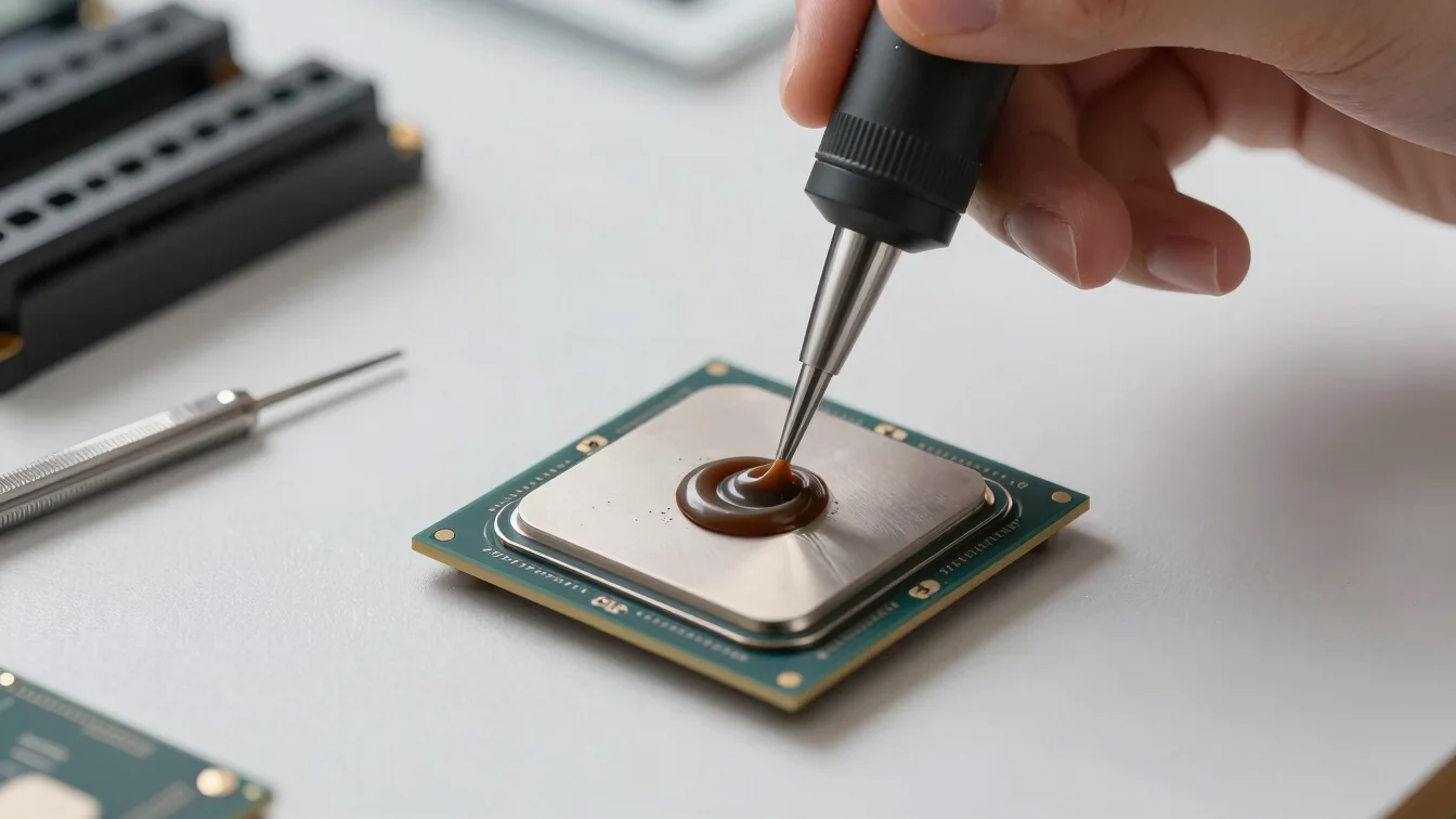 Applying thermal paste to a high-performance computer processor using precision tools on a clean workbench.