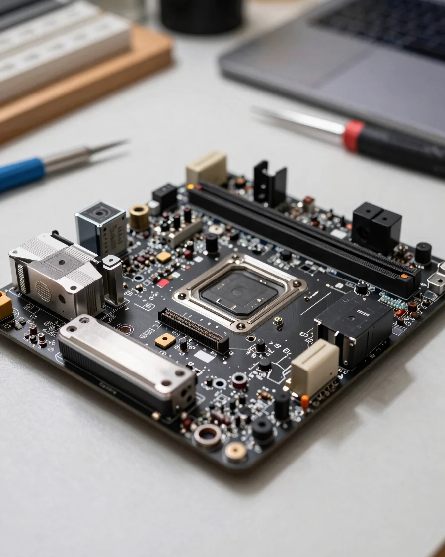 Macro close-up of an open desktop motherboard on an orderly workbench under neutral task lighting, precision electronic