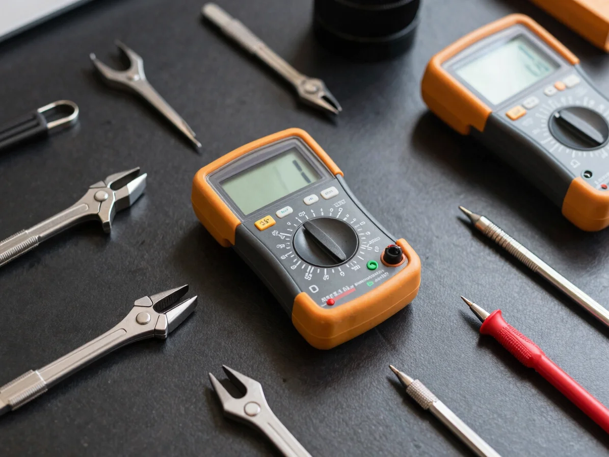 High-overhead flat lay of precision electronic hand tools and digital multimeters resting on an organized dark workbench